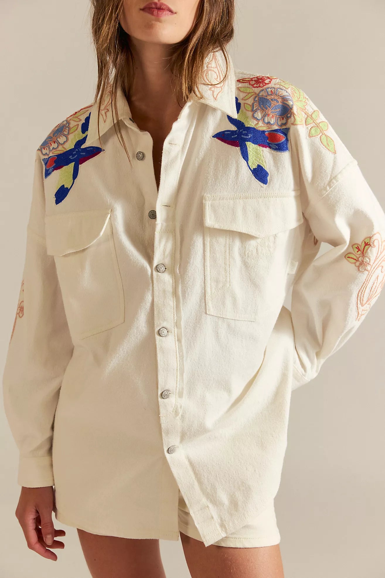 Free People Take Flight Embroidered Shirt Snow Bell Combo / X-Small
